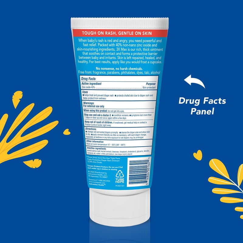 Triple Paste 3X Max Diaper Rash Ointment for Baby, Maximum Strength with 40% Zinc Oxide Ointment for Serious Diaper Rash, 6 oz Tube - Image 2